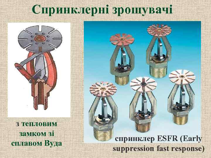 Спринклерні зрошувачі з тепловим замком зі сплавом Вуда зі скляною колбою. ESFR (Early спринклер