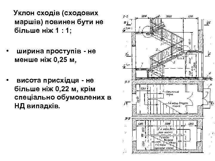 Уклон сходів (сходових маршів) повинен бути не більше ніж 1 : 1; • ширина