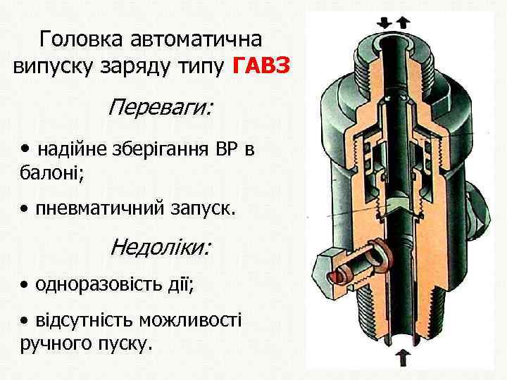 Головка автоматична випуску заряду типу ГАВЗ Переваги: • надійне зберігання ВР в балоні; •