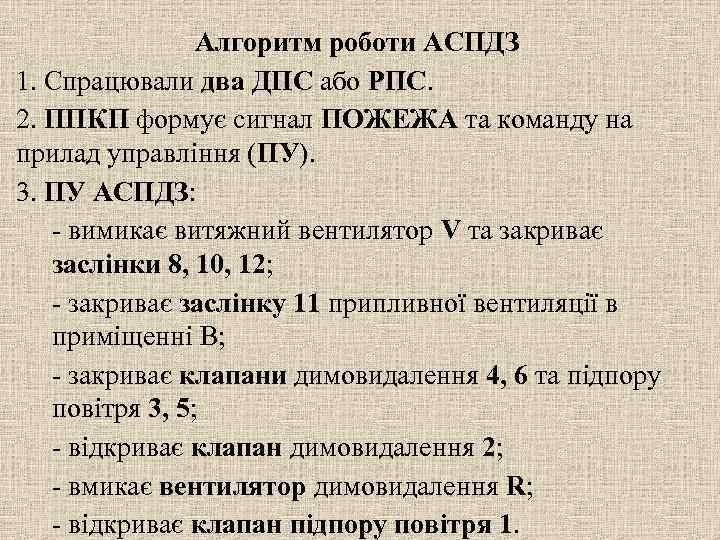 Алгоритм роботи АСПДЗ 1. Спрацювали два ДПС або РПС. 2. ППКП формує сигнал ПОЖЕЖА