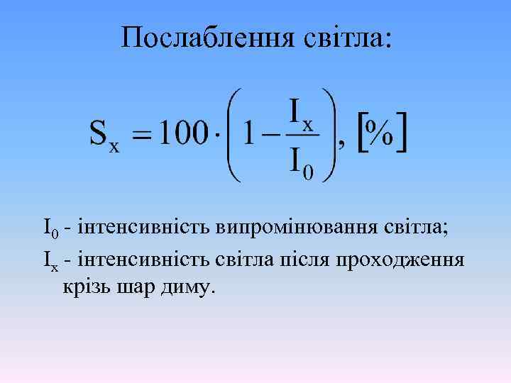 Послаблення світла: I 0 - інтенсивність випромінювання світла; Iх - інтенсивність світла після проходження