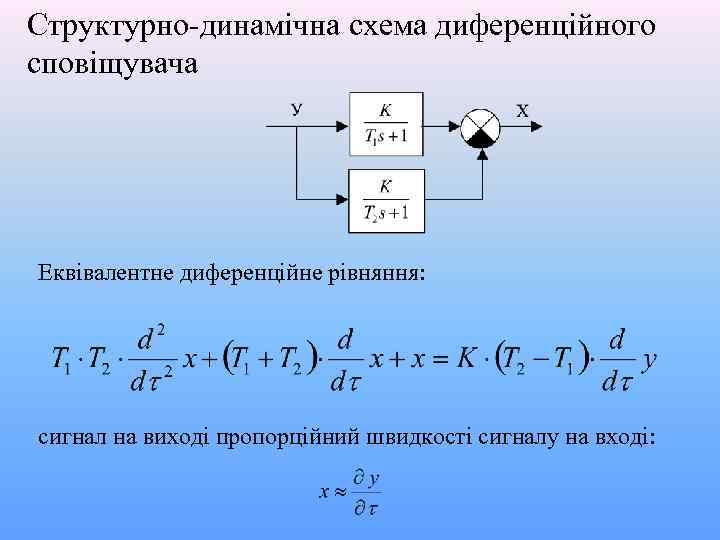 Структурно-динамічна схема диференційного сповіщувача Еквівалентне диференційне рівняння: сигнал на виході пропорційний швидкості сигналу на