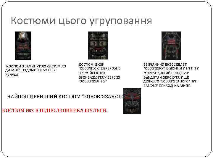 Костюми цього угруповання КОСТЮМ З ЗАМКНУТОЮ СИСТЕМОЮ ДИХАННЯ, ВІДОМИЙ У S-T ПП У ЗУЛУСА