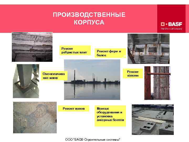 ПРОИЗВОДСТВЕННЫЕ КОРПУСА Ремонт ребристых плит Ремонт ферм и балок Ремонт колонн Омоноличива ние швов