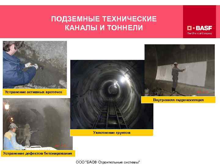 ПОДЗЕМНЫЕ ТЕХНИЧЕСКИЕ КАНАЛЫ И ТОННЕЛИ Устранение активных протечек Внутренняя гидроизоляция Уплотнение грунтов Устранение дефектов