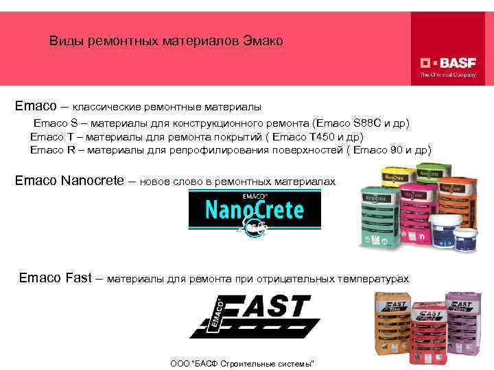 Виды ремонтных материалов Эмако Emaco – классические ремонтные материалы Emaco S – материалы для