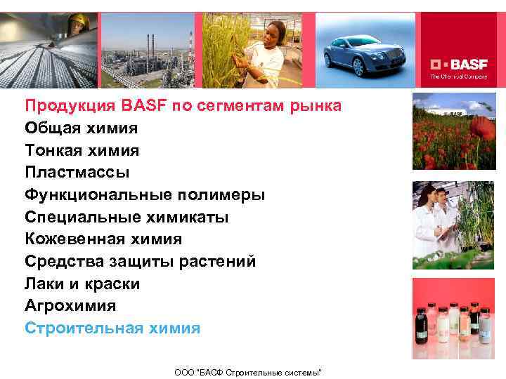 Продукция BASF по сегментам рынка Общая химия Тонкая химия Пластмассы Функциональные полимеры Специальные химикаты