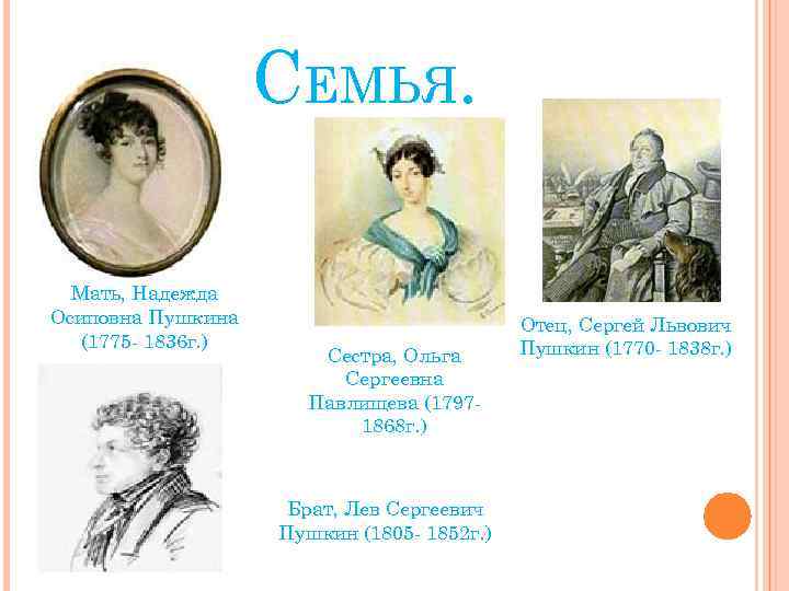 СЕМЬЯ. Мать, Надежда Осиповна Пушкина (1775 - 1836 г. ) Сестра, Ольга Сергеевна Павлищева