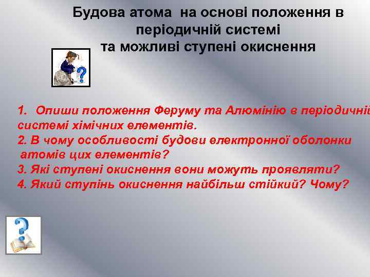 Будова атома на основі положення в періодичній системі та можливі ступені окиснення 1. Опиши