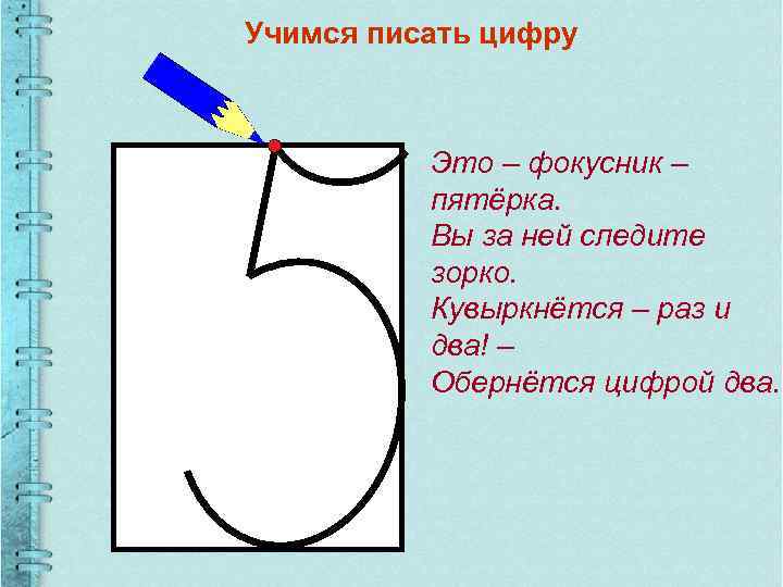 Учимся писать цифру Это – фокусник – пятёрка. Вы за ней следите зорко. Кувыркнётся