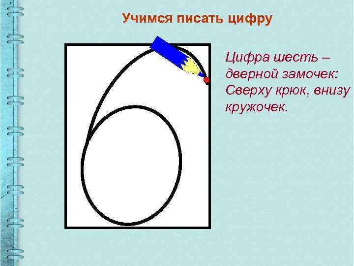 Учимся писать цифру Цифра шесть – дверной замочек: Сверху крюк, внизу кружочек. 
