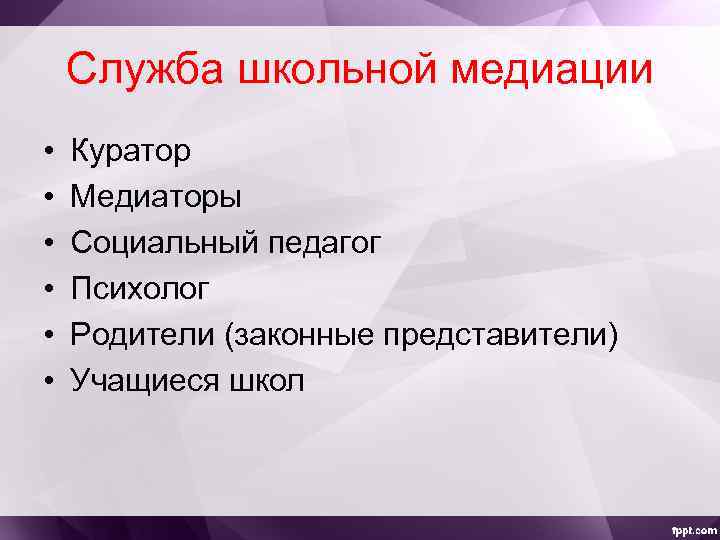 Служба школьной медиации • • • Куратор Медиаторы Социальный педагог Психолог Родители (законные представители)