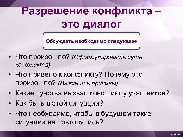 Разрешение конфликта – это диалог Обсуждать необходимо следующее • Что произошло? (Сформулировать суть конфликта)