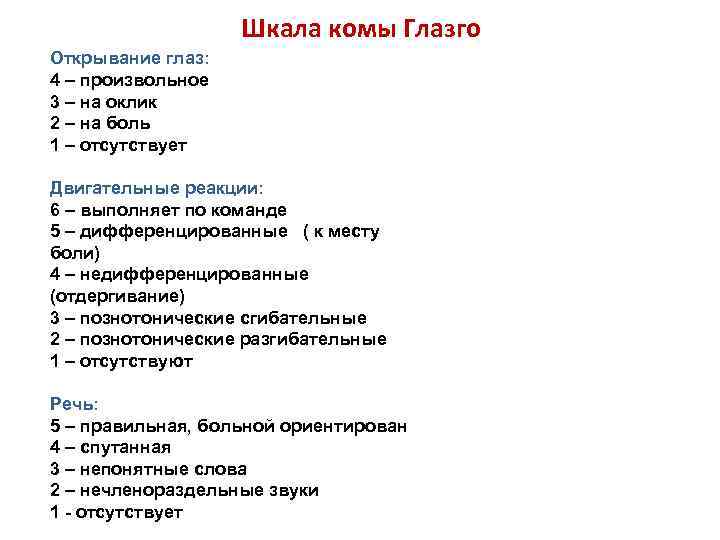 Шкала комы Глазго Открывание глаз: 4 – произвольное 3 – на оклик 2 –