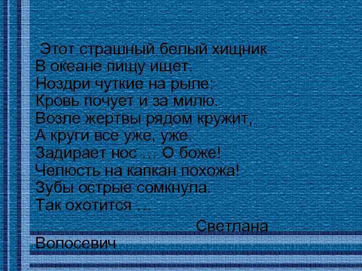  Этот страшный белый хищник В океане пищу ищет. Ноздри чуткие на рыле: Кровь