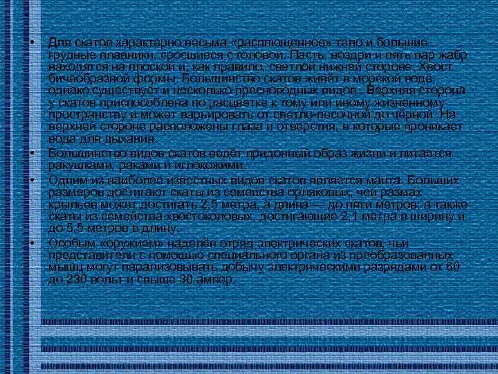  • • Для скатов характерно весьма «расплющенное» тело и большие грудные плавники, сросшиеся