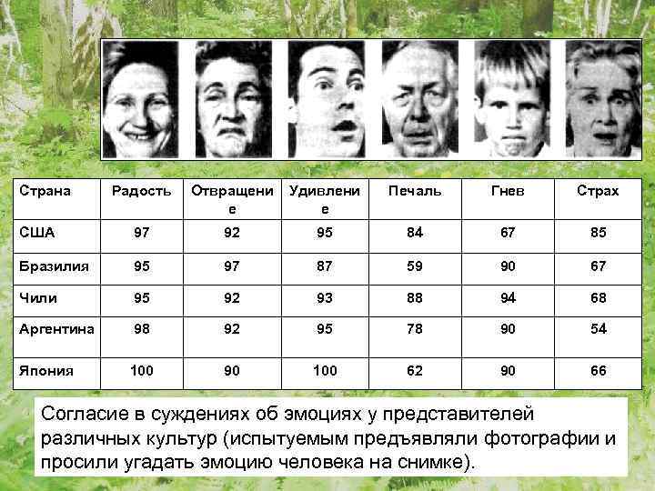 Страна Радость Отвращени е Удивлени е Печаль Гнев Страх США 97 92 95 84