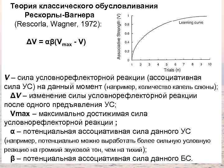 Теория классического обусловливания Рескорлы-Вагнера (Rescorla, Wagner, 1972): ΔV = αβ(Vmax - V) V –