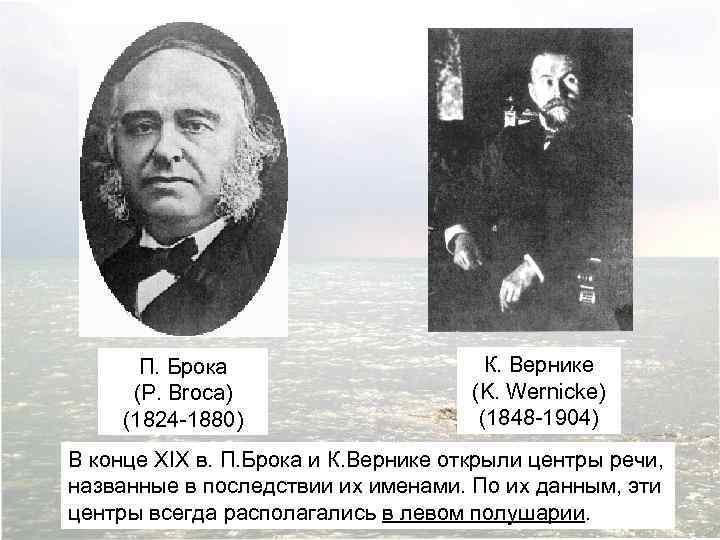 П. Брока (P. Broca) (1824 -1880) К. Вернике (K. Wernicke) (1848 -1904) В конце