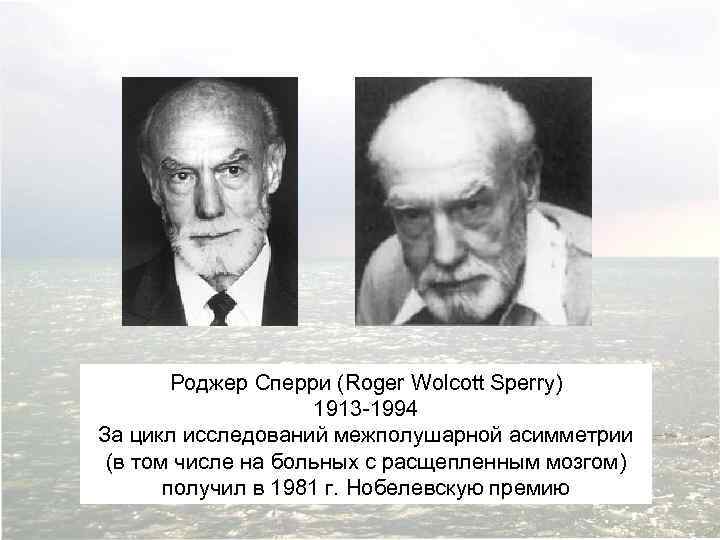 Роджер Сперри (Roger Wolcott Sperry) 1913 -1994 За цикл исследований межполушарной асимметрии (в том