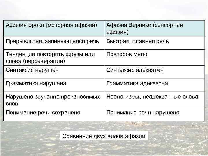 Афазия Брока (моторная афазия) Афазия Вернике (сенсорная афазия) Прерывистая, запинающаяся речь Быстрая, плавная речь