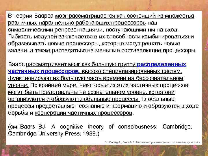 В теории Баарса мозг рассматривается как состоящий из множества различных параллельно работающих процессоров над