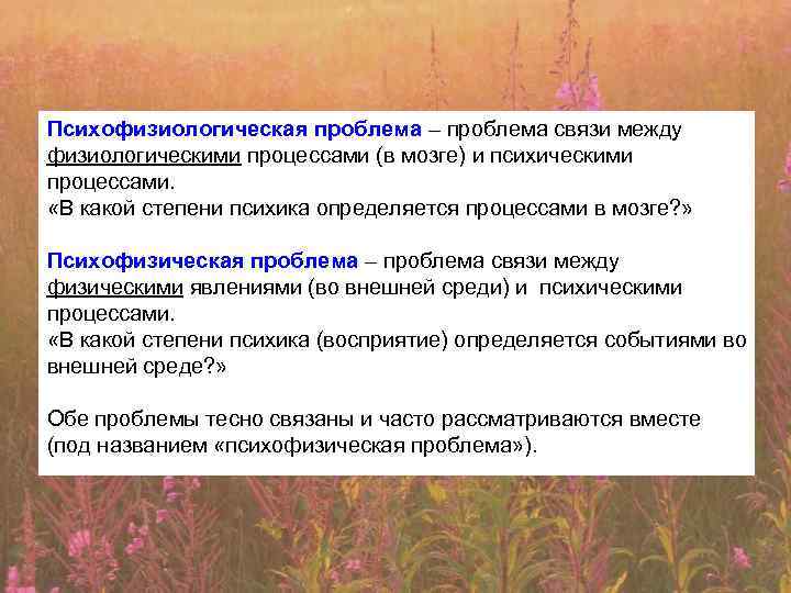 Психофизиологическая проблема – проблема связи между физиологическими процессами (в мозге) и психическими процессами. «В