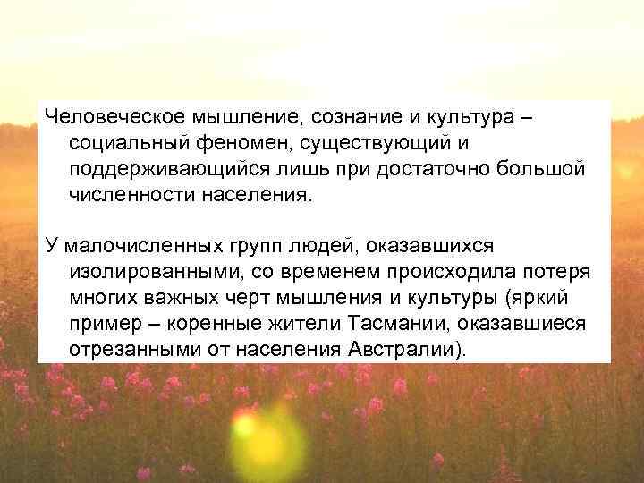 Человеческое мышление, сознание и культура – социальный феномен, существующий и поддерживающийся лишь при достаточно