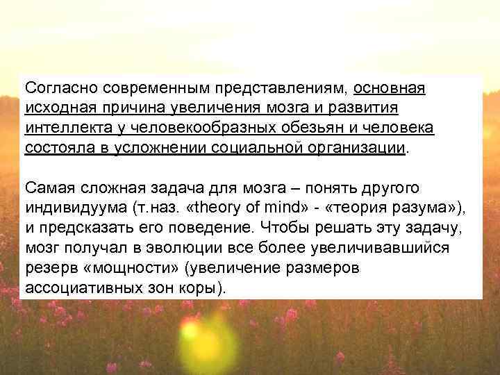 Согласно современным представлениям, основная исходная причина увеличения мозга и развития интеллекта у человекообразных обезьян