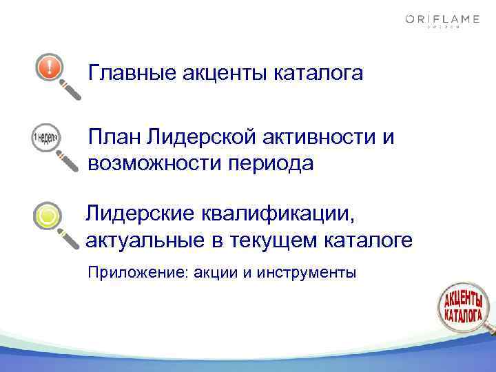 Главные акценты каталога План Лидерской активности и возможности периода Лидерские квалификации, актуальные в текущем