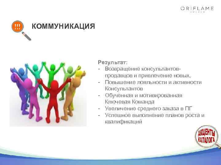 КОММУНИКАЦИЯ Результат: - Возвращение консультантовпродавцов и привлечение новых, - Повышение лояльности и активности Консультантов
