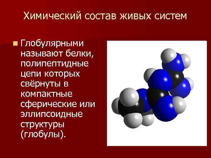 Химический состав живых систем n Глобулярными называют белки, полипептидные цепи которых свёрнуты в компактные