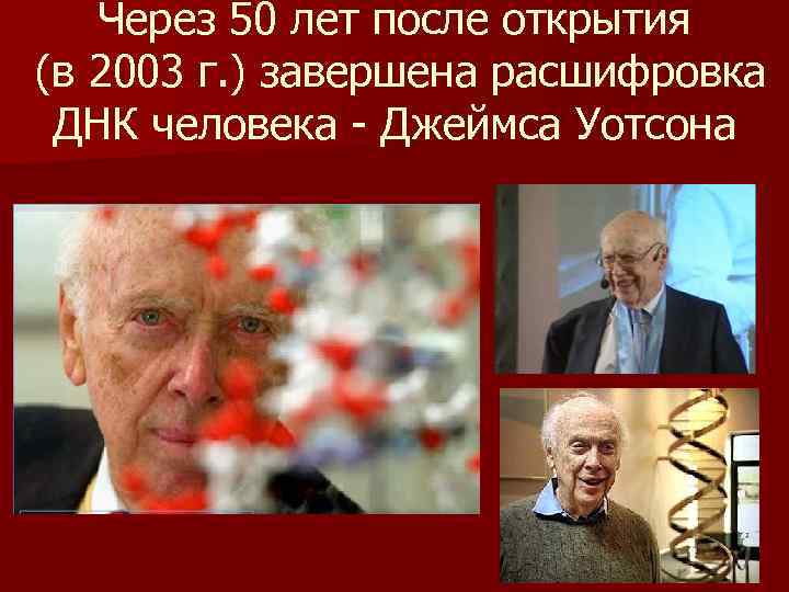Через 50 лет после открытия (в 2003 г. ) завершена расшифровка ДНК человека -