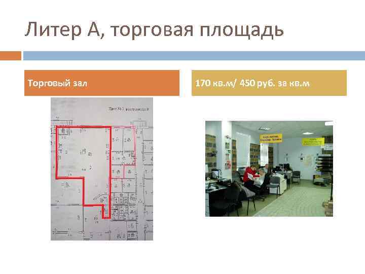 Литер А, торговая площадь Торговый зал 170 кв. м/ 450 руб. за кв. м