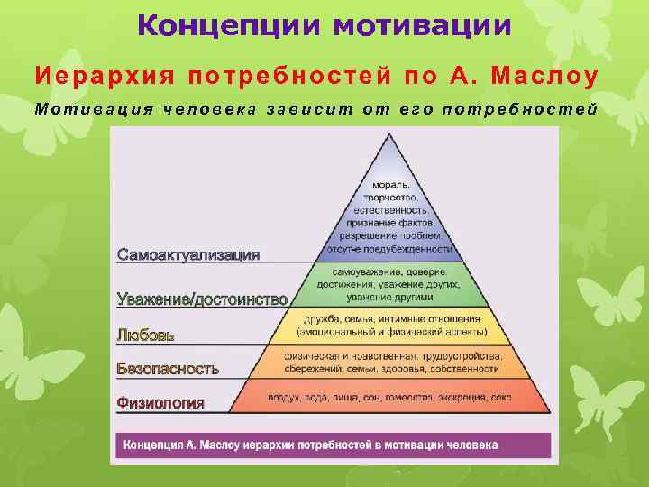 Концепции мотивации Иерархия потребностей по А. Маслоу Мотивация человека зависит от его потребностей 