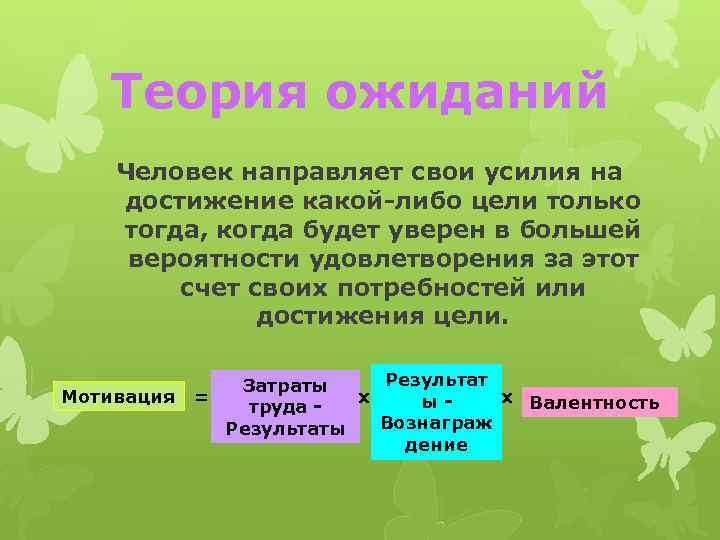 Теория ожиданий Человек направляет свои усилия на достижение какой-либо цели только тогда, когда будет
