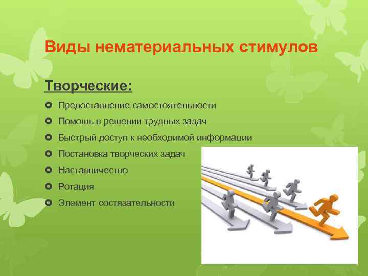 Виды нематериальных стимулов Творческие: Предоставление самостоятельности Помощь в решении трудных задач Быстрый доступ к