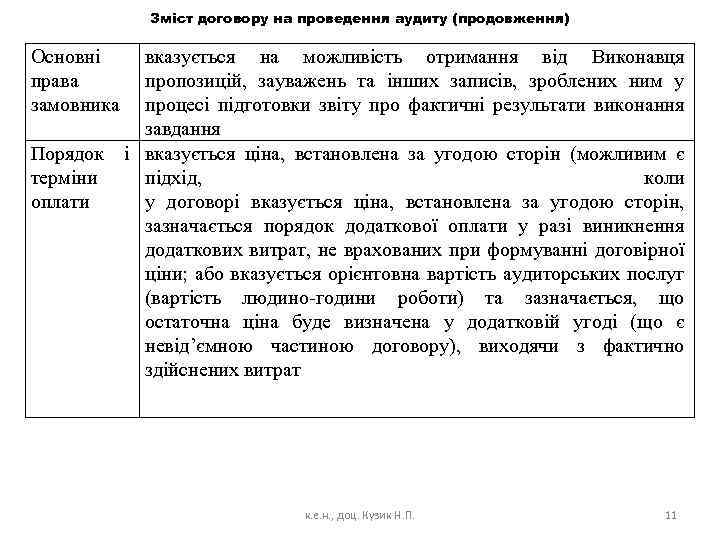 Зміст договору на проведення аудиту (продовження) Основні права замовника вказується на можливість отримання від