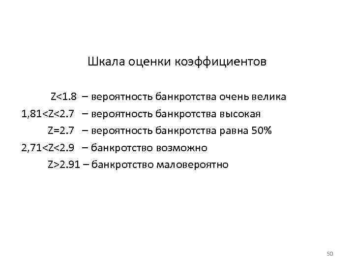 Шкала оценки коэффициентов Z<1. 8 – вероятность банкротства очень велика 1, 81<Z<2. 7 –