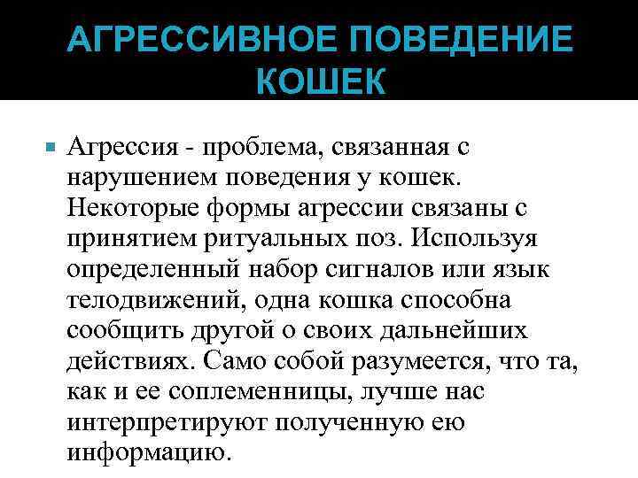 АГРЕССИВНОЕ ПОВЕДЕНИЕ КОШЕК Агрессия - проблема, связанная с нарушением поведения у кошек. Некоторые формы