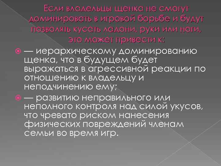 Если владельцы щенка не смогут доминировать в игровой борьбе и будут позволять кусать ладони,