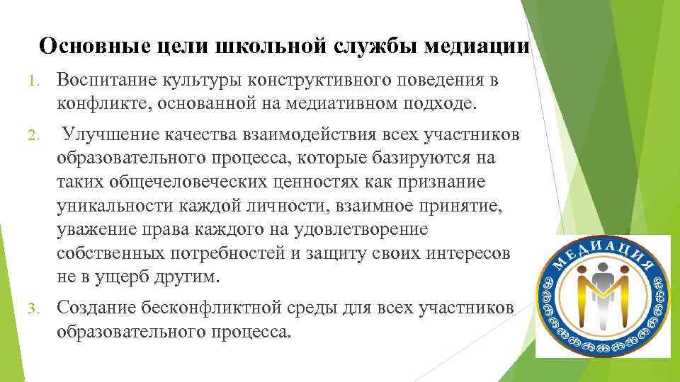 Основные цели школьной службы медиации 1. Воспитание культуры конструктивного поведения в конфликте, основанной на