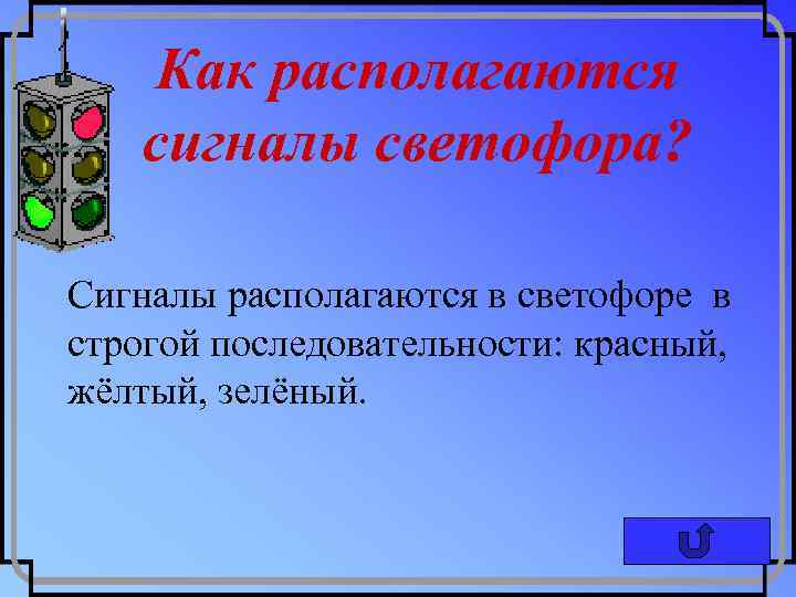 Как располагаются сигналы светофора? Сигналы располагаются в светофоре в строгой последовательности: красный, жёлтый, зелёный.