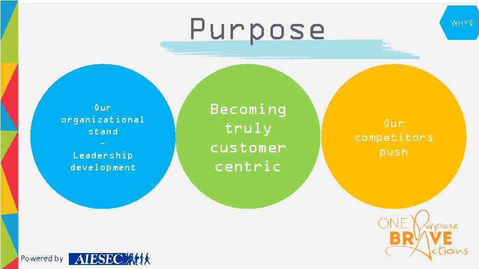 Purpose Our organizational stand Leadership development Powered by Becoming truly customer centric WHY? Our