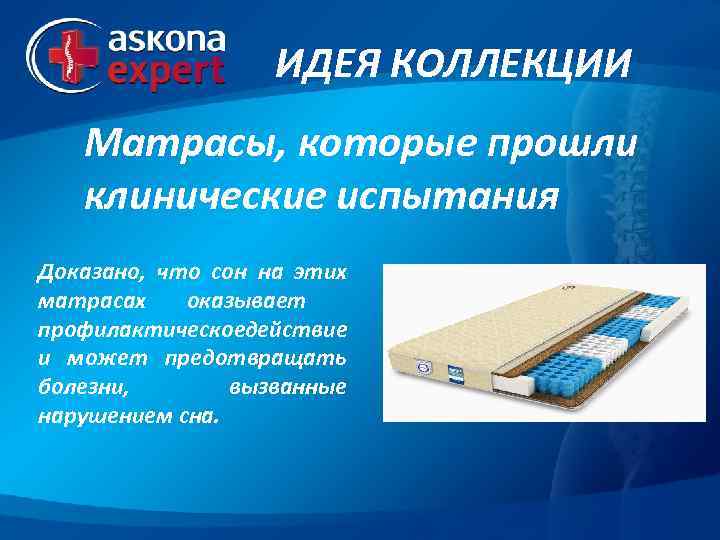ИДЕЯ КОЛЛЕКЦИИ Матрасы, которые прошли клинические испытания Доказано, что сон на этих матрасах оказывает