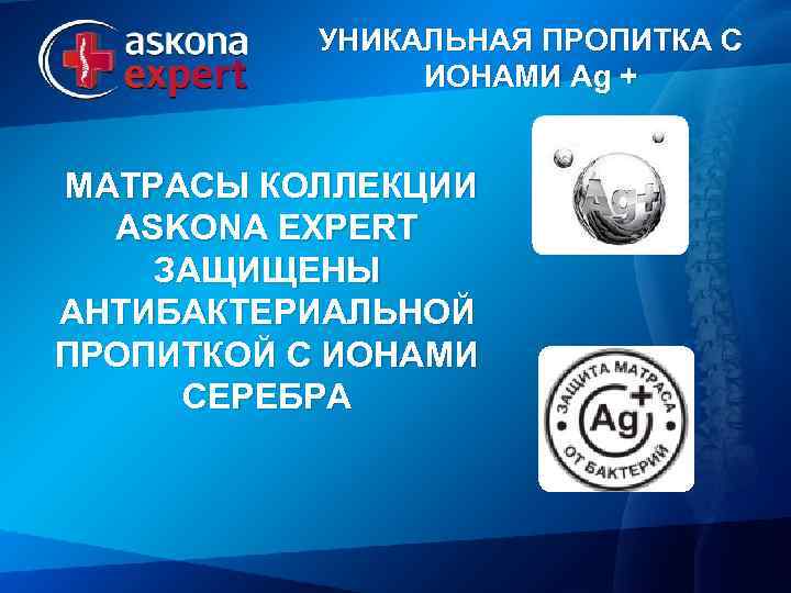 УНИКАЛЬНАЯ ПРОПИТКА С ИОНАМИ Ag + МАТРАСЫ КОЛЛЕКЦИИ ASKONA EXPERT ЗАЩИЩЕНЫ АНТИБАКТЕРИАЛЬНОЙ ПРОПИТКОЙ С