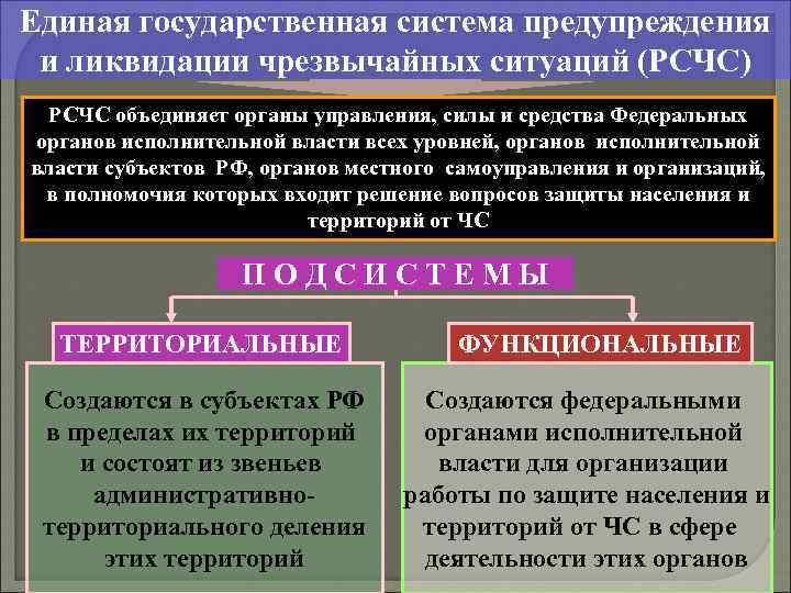 Единая государственная система предупреждения и ликвидации чрезвычайных ситуаций (РСЧС) РСЧС объединяет органы управления, силы