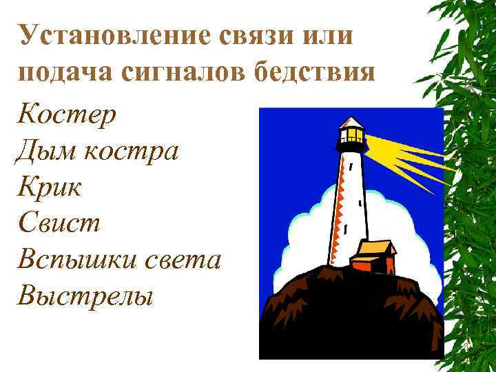 Установление связи или подача сигналов бедствия Костер Дым костра Крик Свист Вспышки света Выстрелы