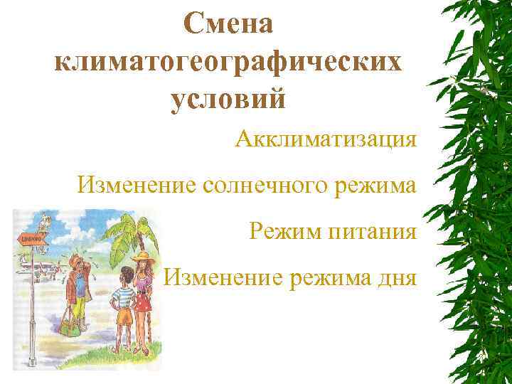 Смена климатогеографических условий Акклиматизация Изменение солнечного режима Режим питания Изменение режима дня 