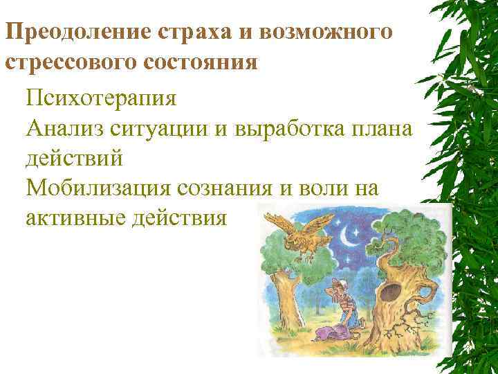 Преодоление страха и возможного стрессового состояния Психотерапия Анализ ситуации и выработка плана действий Мобилизация